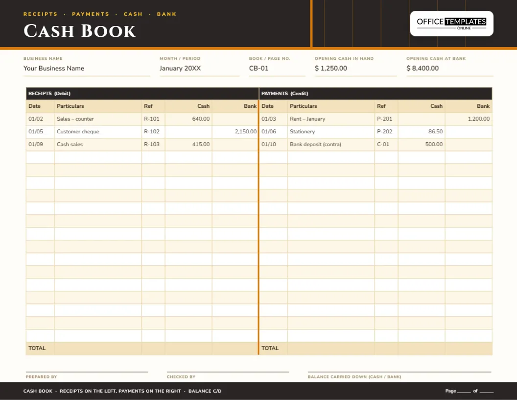 Cash Book Template with Cash and Bank Columns – Receipts and Payments