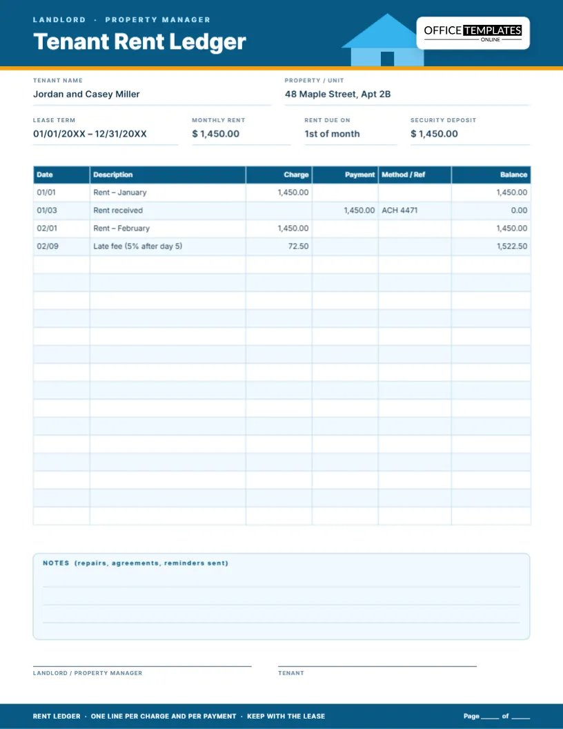 Tenant Rent Ledger Template – Track Rent, Late Fees and Payments