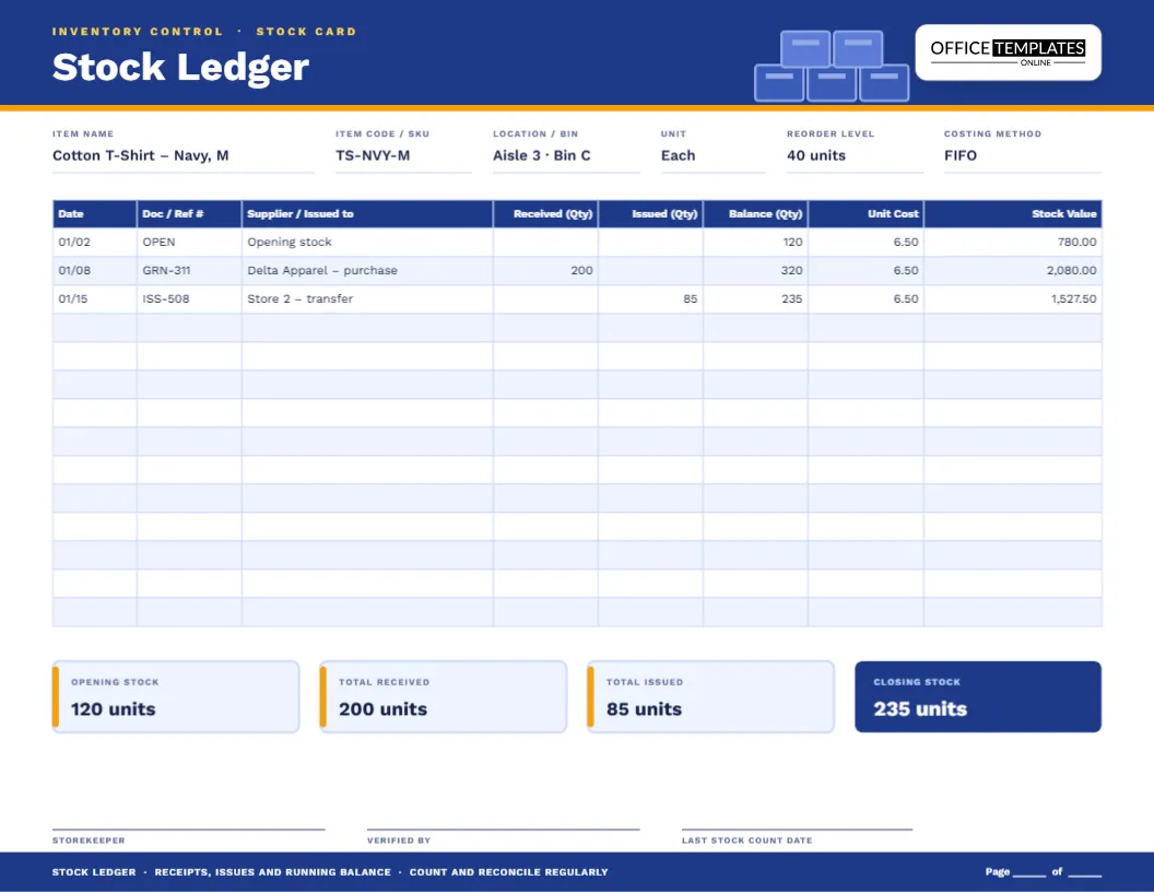 Inventory Stock Ledger Template with Running Quantity and Value