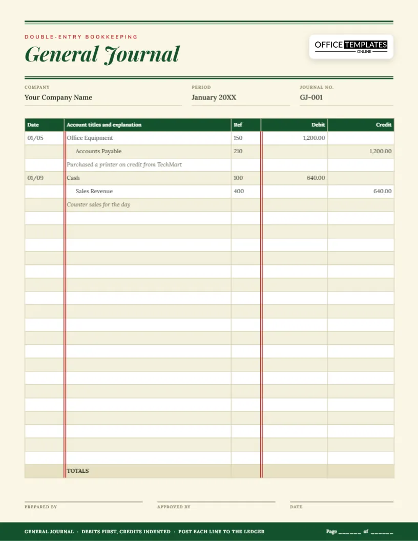General Journal Template – Double-Entry Journal Entries for Bookkeeping