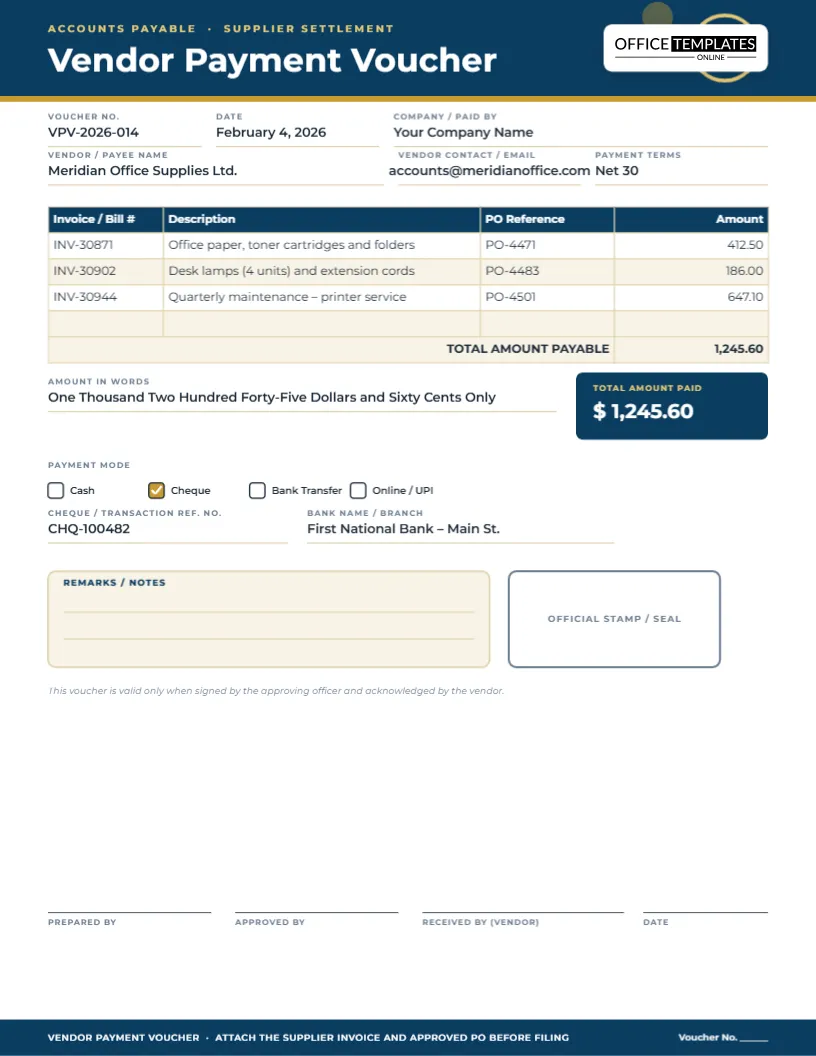 Vendor Payment Voucher Template – Accounts Payable Settlement