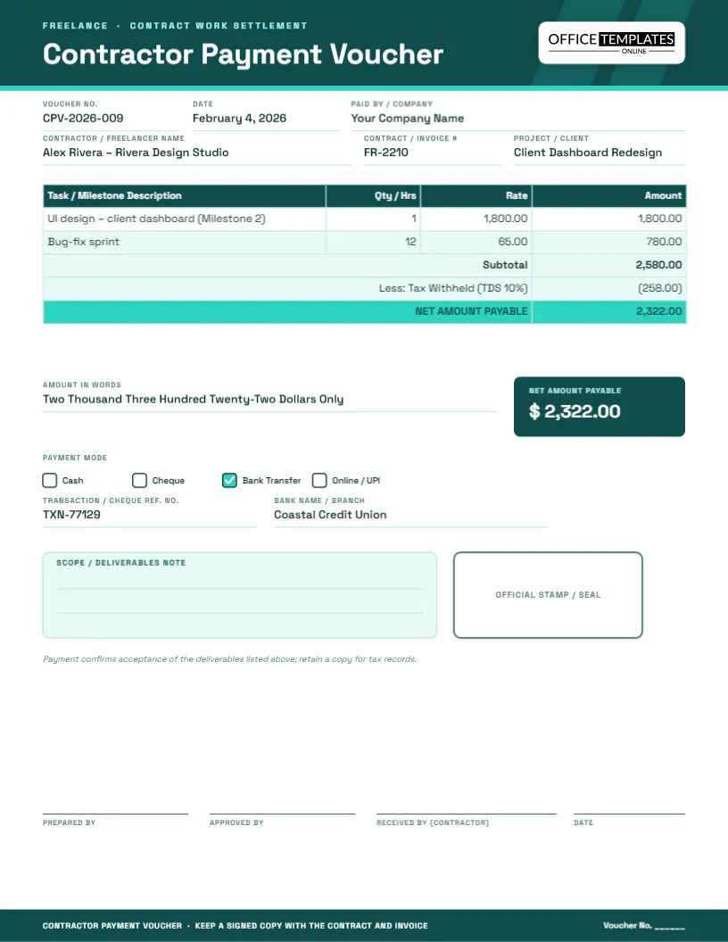 Contractor & Freelancer Payment Voucher Template