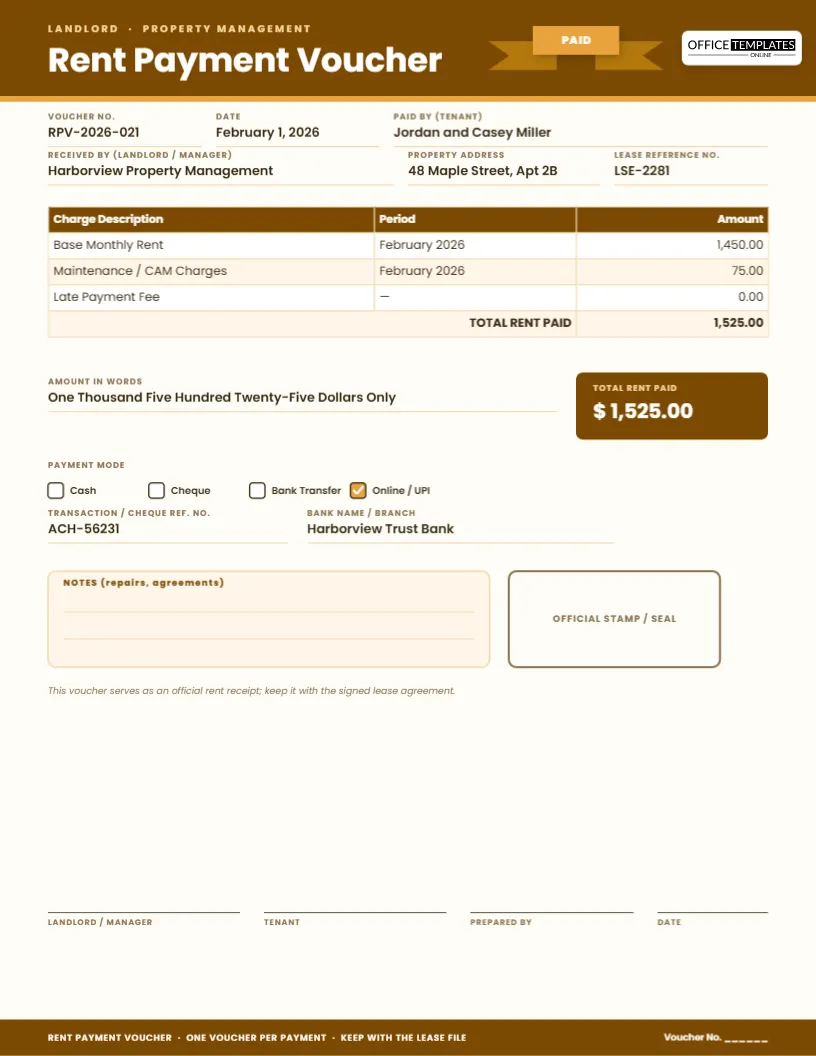 Rent Payment Voucher Template – Landlord Receipt