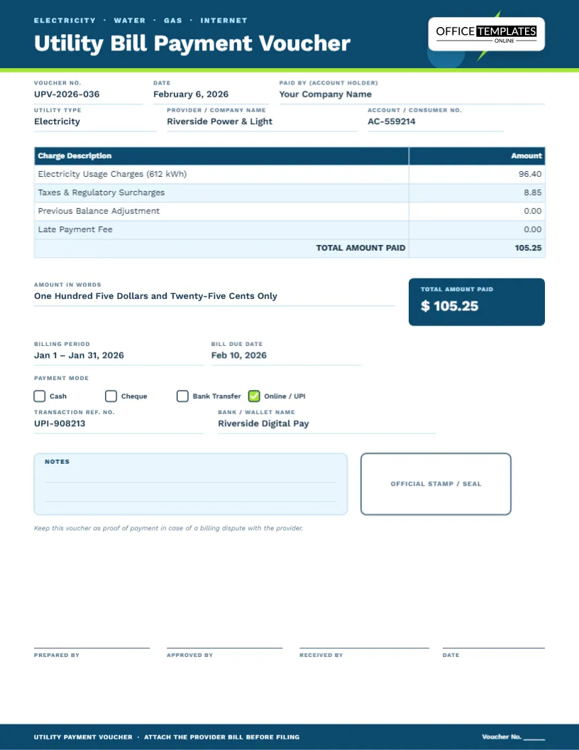 Utility Bill Payment Voucher Template – Editable Online