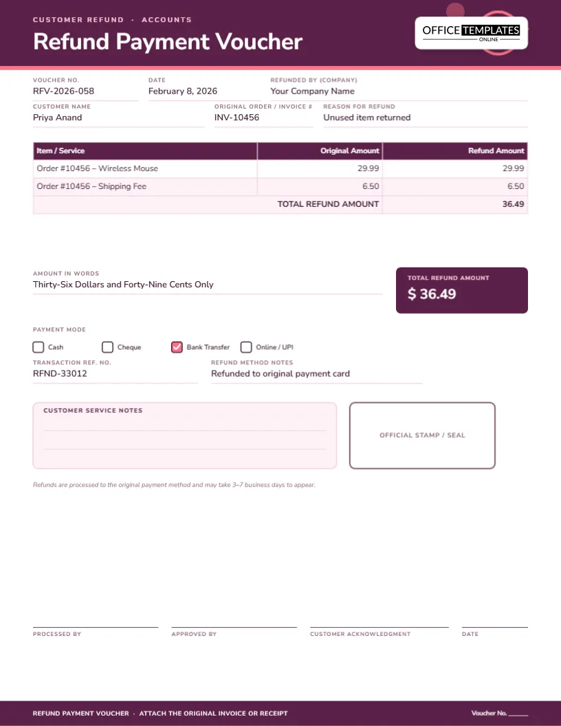 Refund Payment Voucher Template – Customer Refund Record