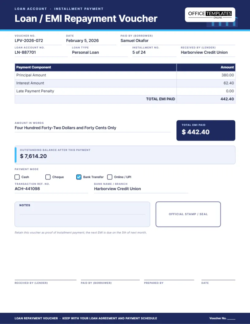 Loan / EMI Repayment Voucher Template – Installment Receipt