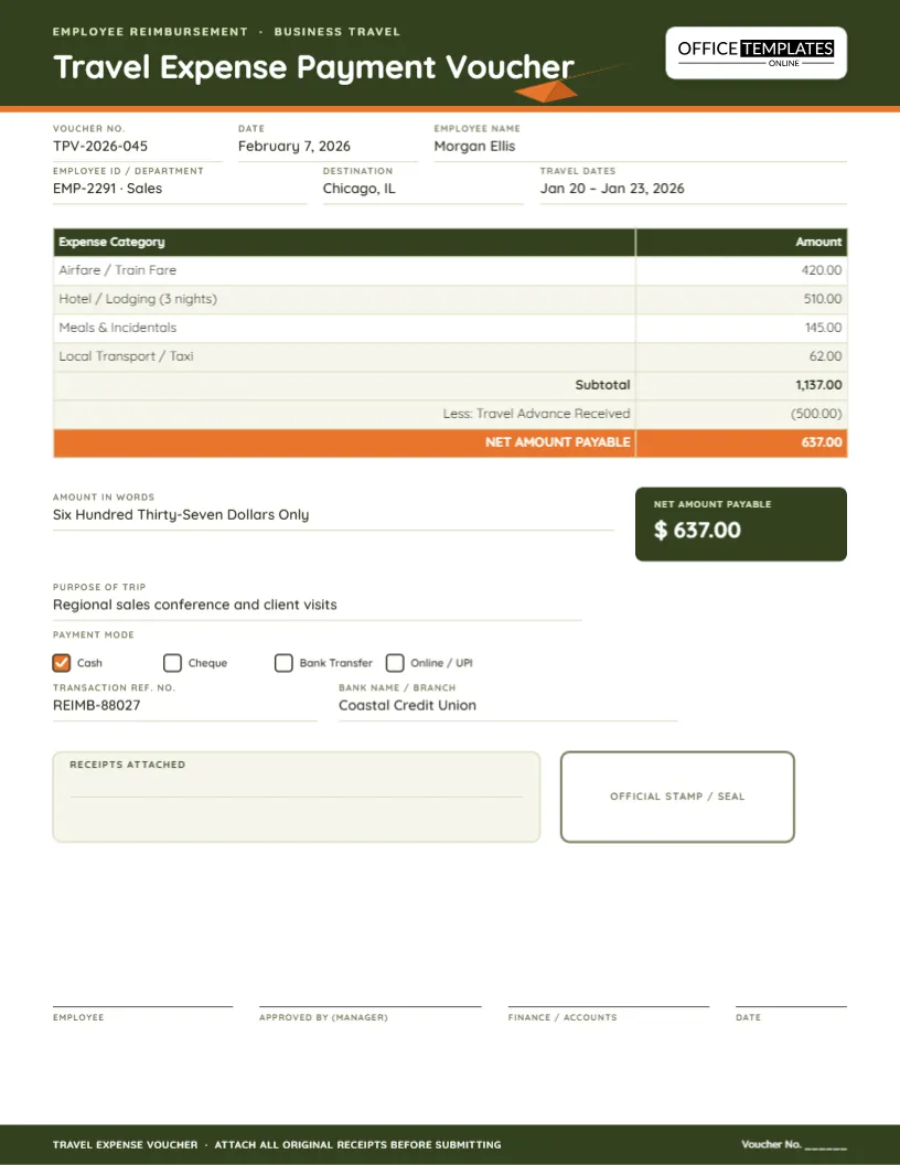 Travel Expense Payment Voucher Template – Reimbursement Form