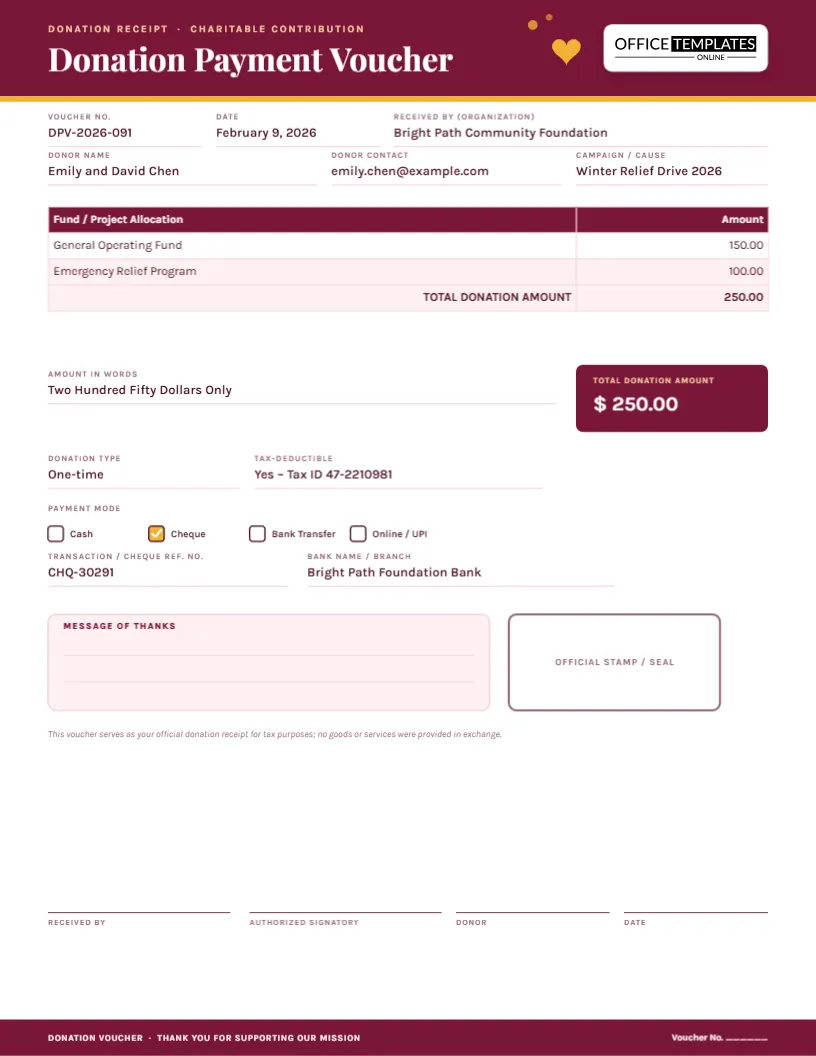 Donation Payment Voucher Template – Charity Receipt