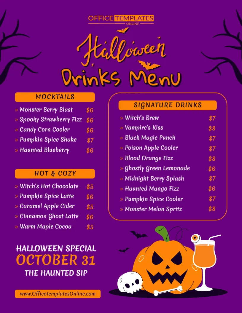 Halloween Drinks Menu Template