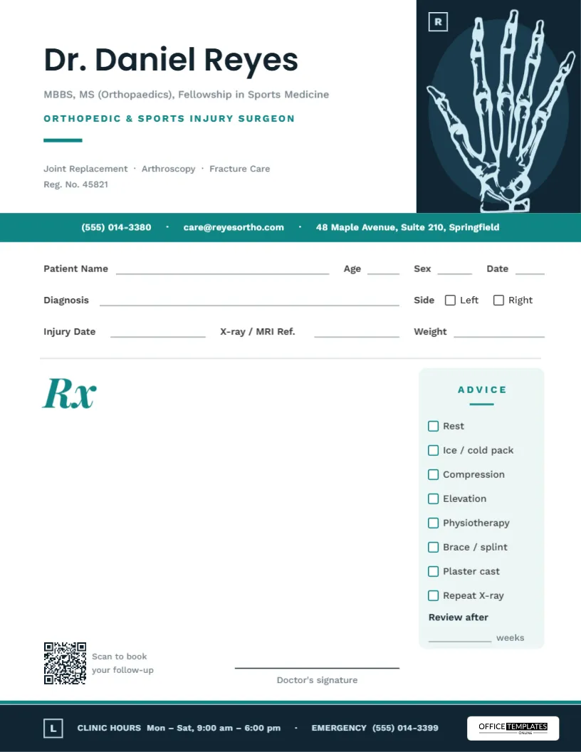 Orthopedic Prescription Pad Template with X-Ray Header and Advice Checklist