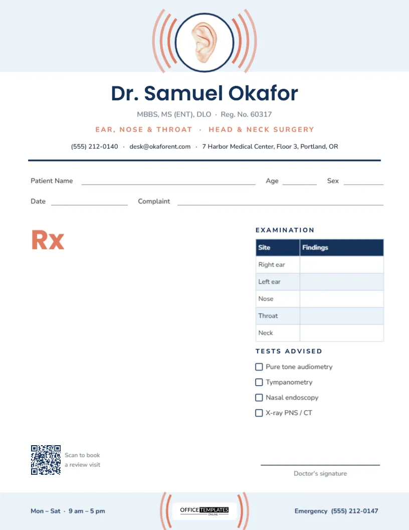 ENT Prescription Pad Template with Examination Table