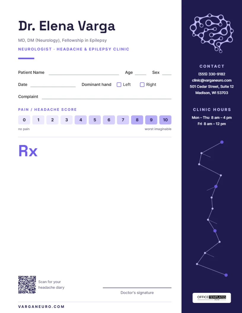 Neurologist Prescription Pad Template with Pain Score Scale