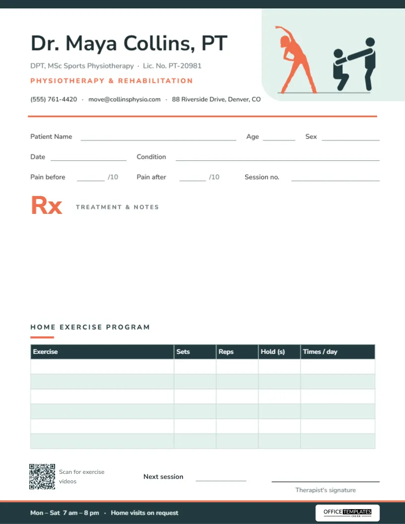 Physiotherapy Prescription Pad with Home Exercise Program Table