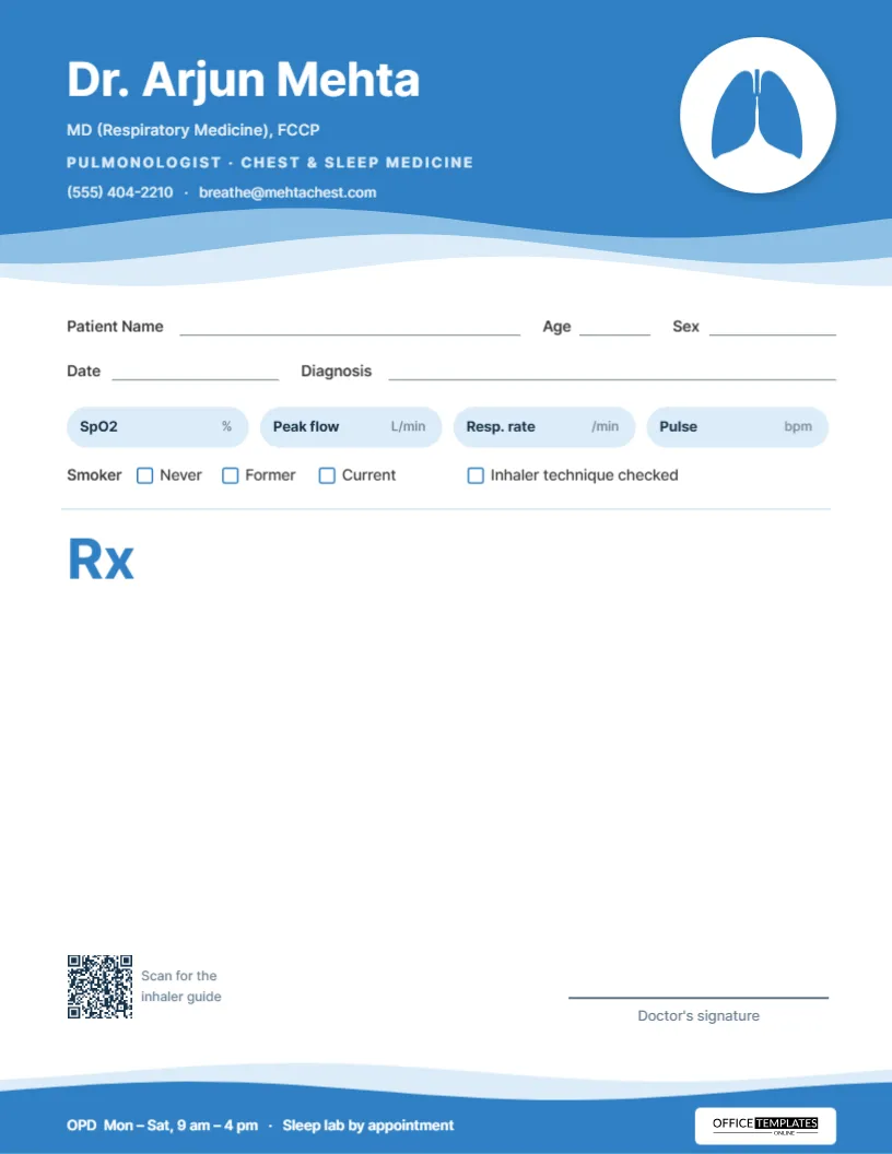 Pulmonologist Prescription Pad Template with Breathing Vitals