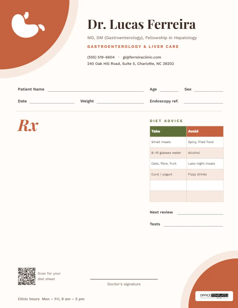 Gastroenterologist Prescription Pad with Diet Take and Avoid Table