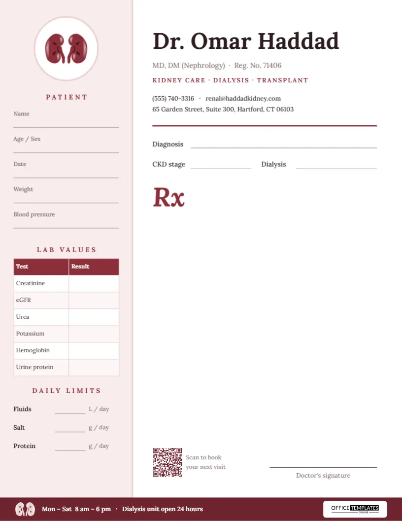 Nephrologist Prescription Pad Template with Lab Values Column