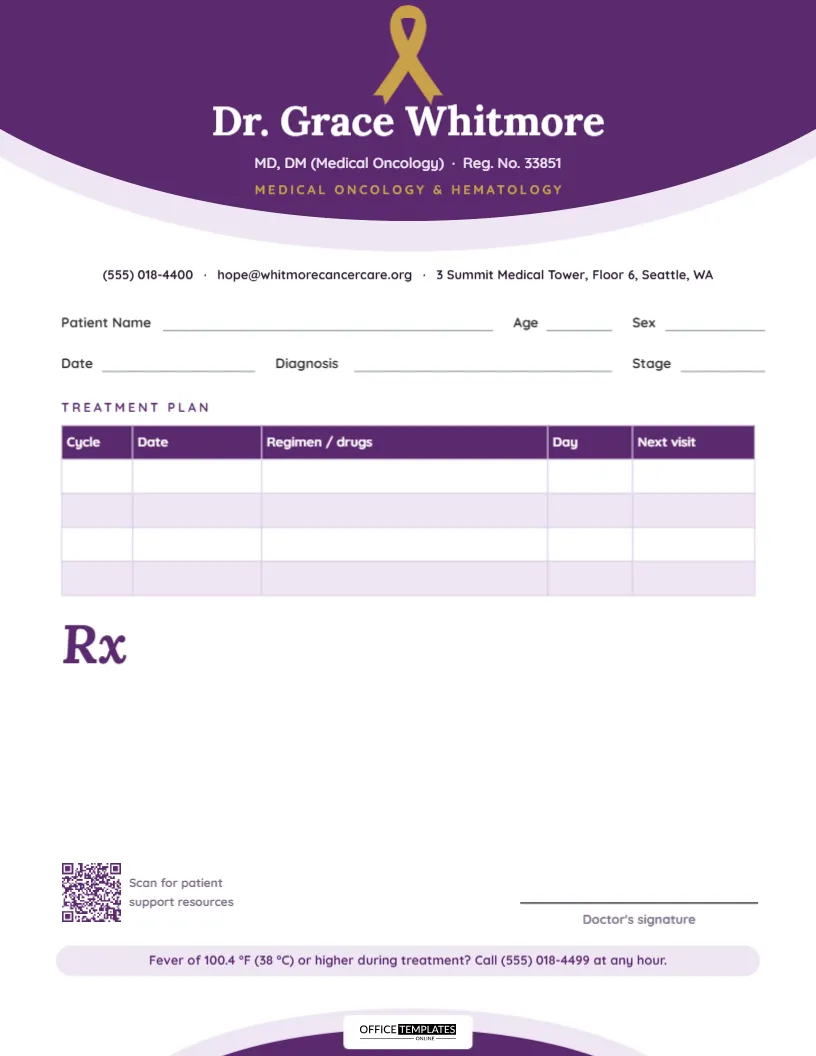 Oncologist Prescription Pad Template with Treatment Plan Table