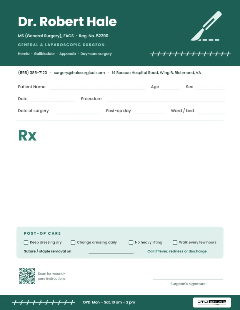 General Surgeon Prescription Pad Template with Post-Op Care Strip