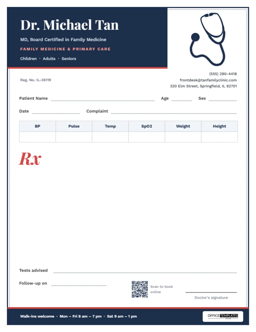 Family Physician Prescription Pad with Vitals Table and Stethoscope