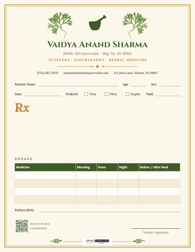 Ayurvedic Doctor Prescription Pad with Herbal Border and Dosage Table