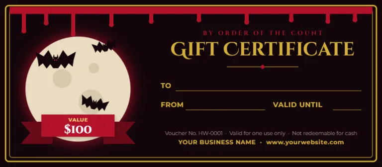 Vampire Halloween Gift Certificate Template (8 x 3.5 in)