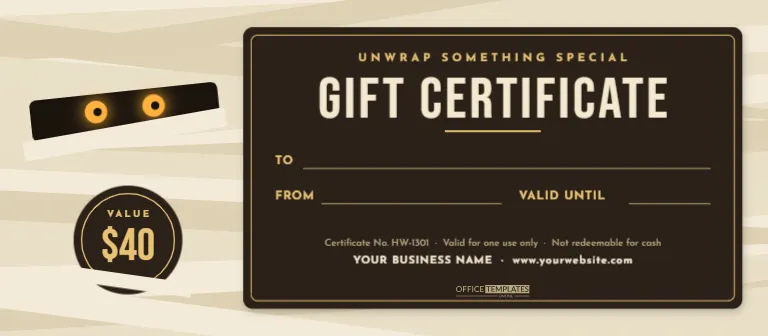 Mummy Halloween Gift Certificate Template with Glowing Eyes