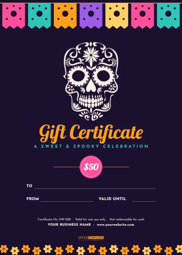 Sugar Skull Gift Certificate Template with Papel Picado and Marigolds