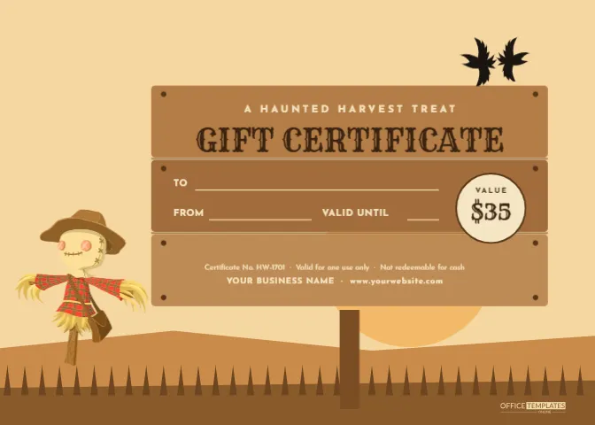 Scarecrow Halloween Gift Certificate Template for Farms and Fall Fun
