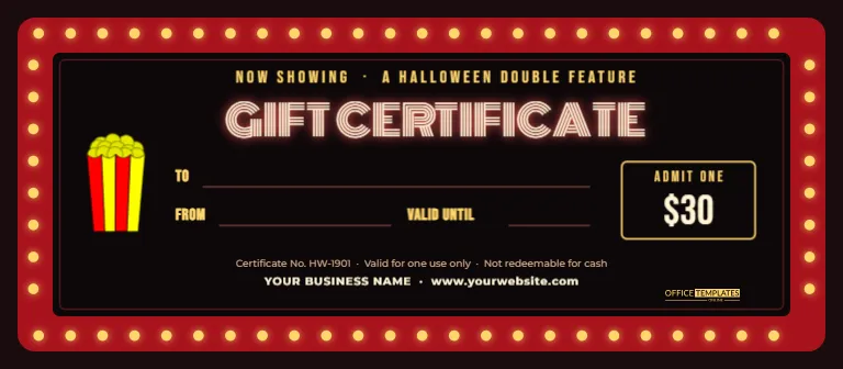 Midnight Movie Halloween Gift Certificate with Marquee Lights