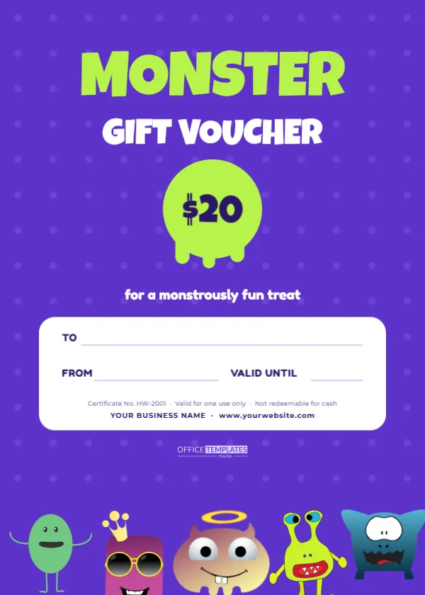 Cute Monsters Halloween Gift Voucher Template for Kids