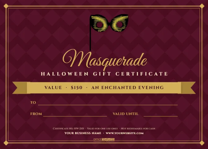 Masquerade Halloween Gift Certificate in Burgundy and Gold