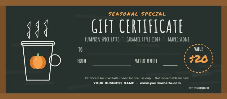 Chalkboard Café Halloween Gift Certificate with a Pumpkin Latte