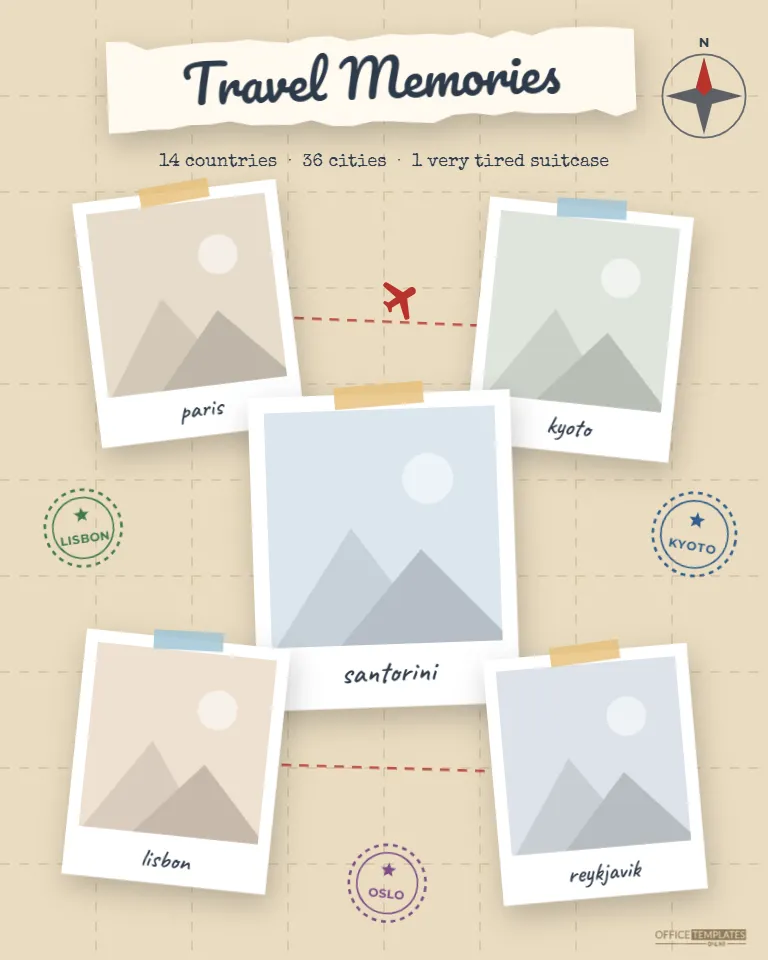 Travel Memories Scrapbook Page with a Flight Route and Stamps