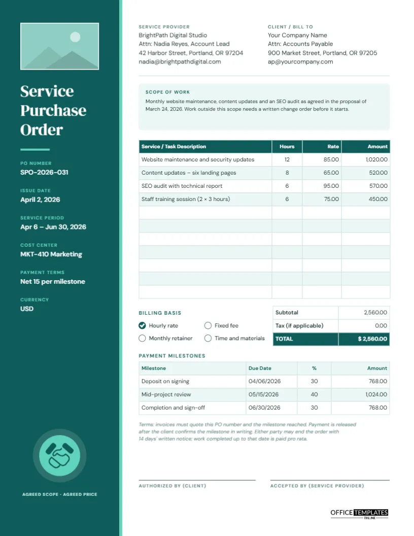 Service Purchase Order Template