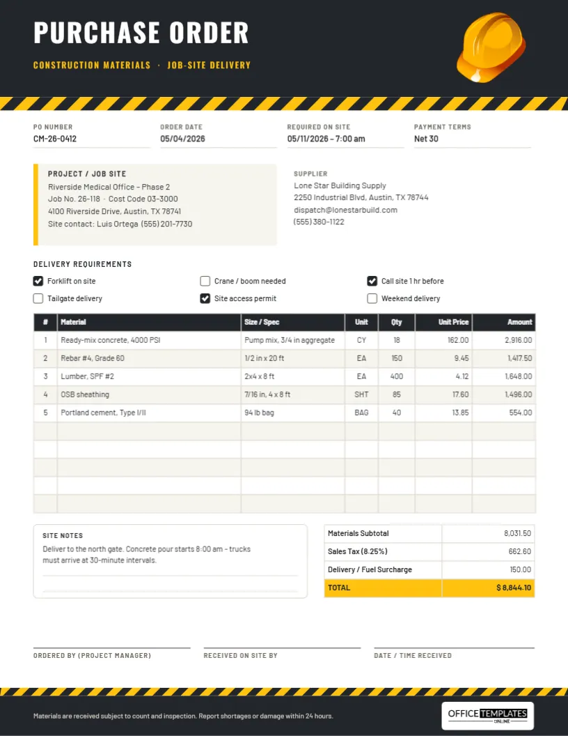 Construction Materials Purchase Order