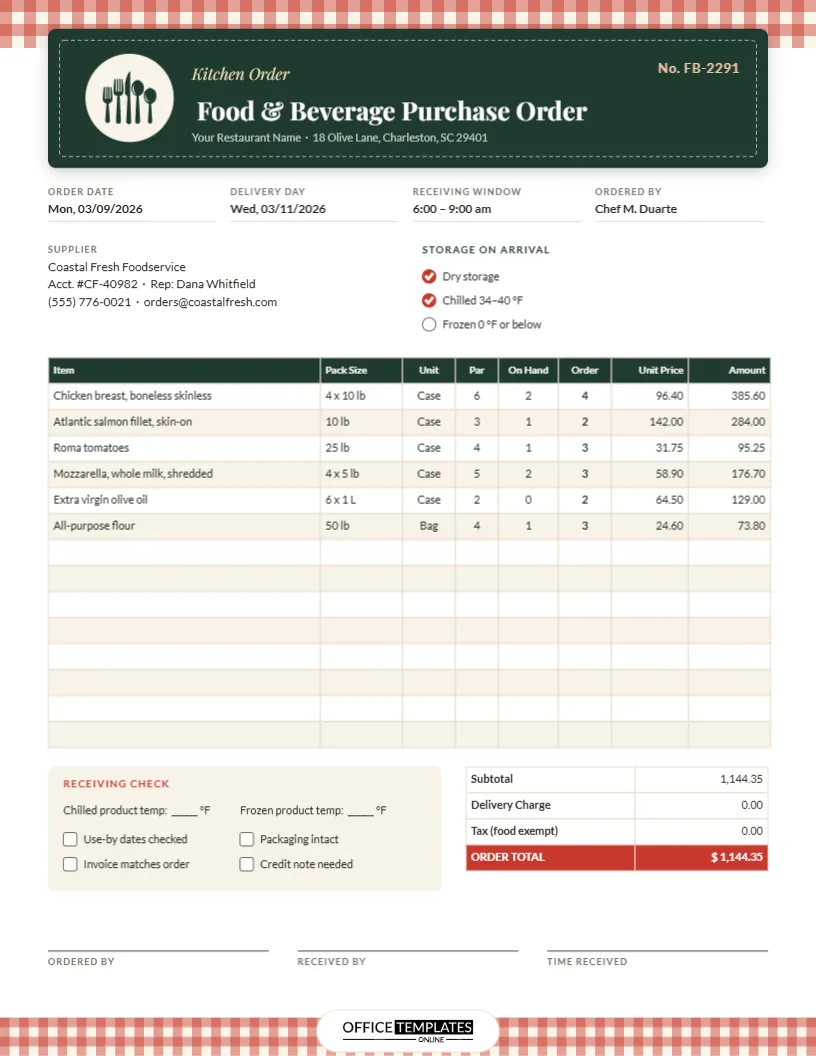 Restaurant Purchase Order Template