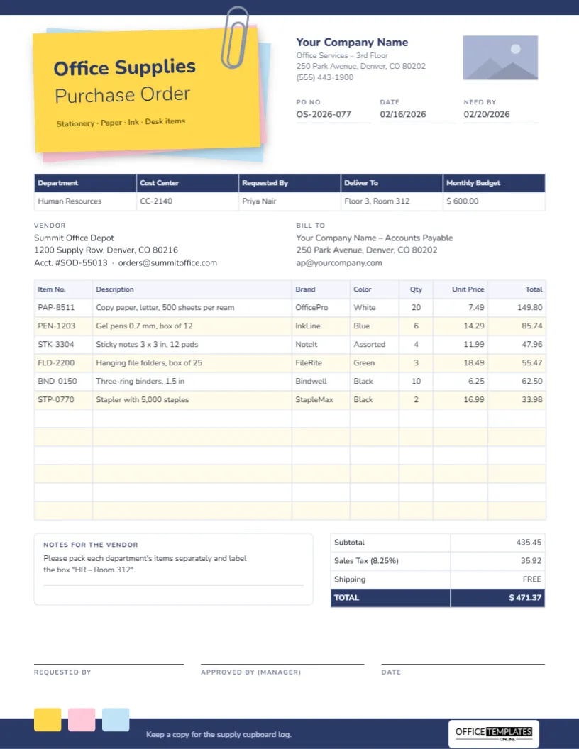 Office Supplies Purchase Order Template
