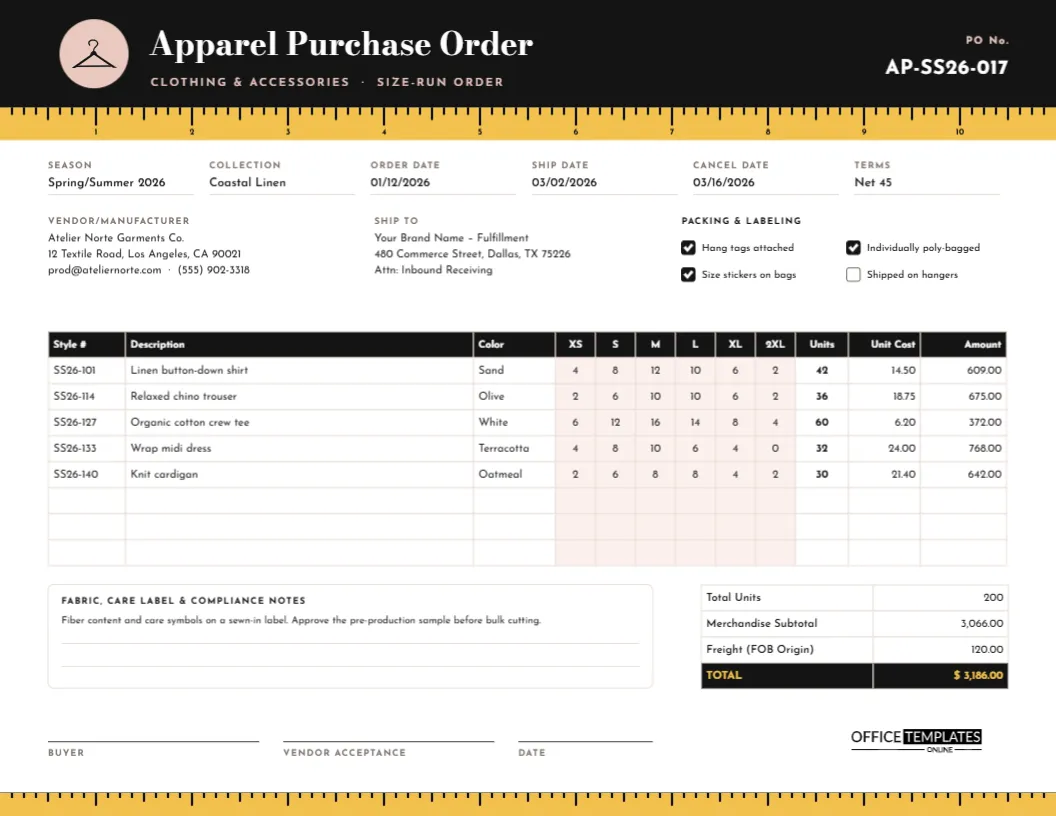 Apparel Purchase Order Design Template