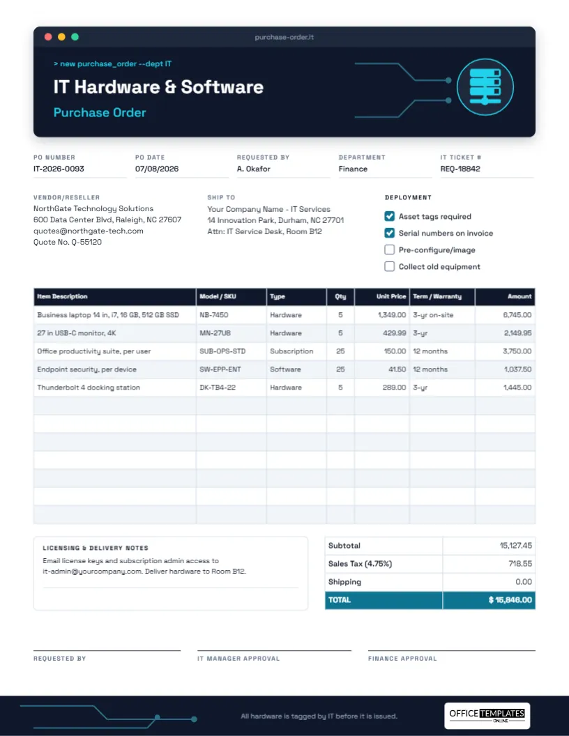 IT Hardware & Software Purchase Order Template