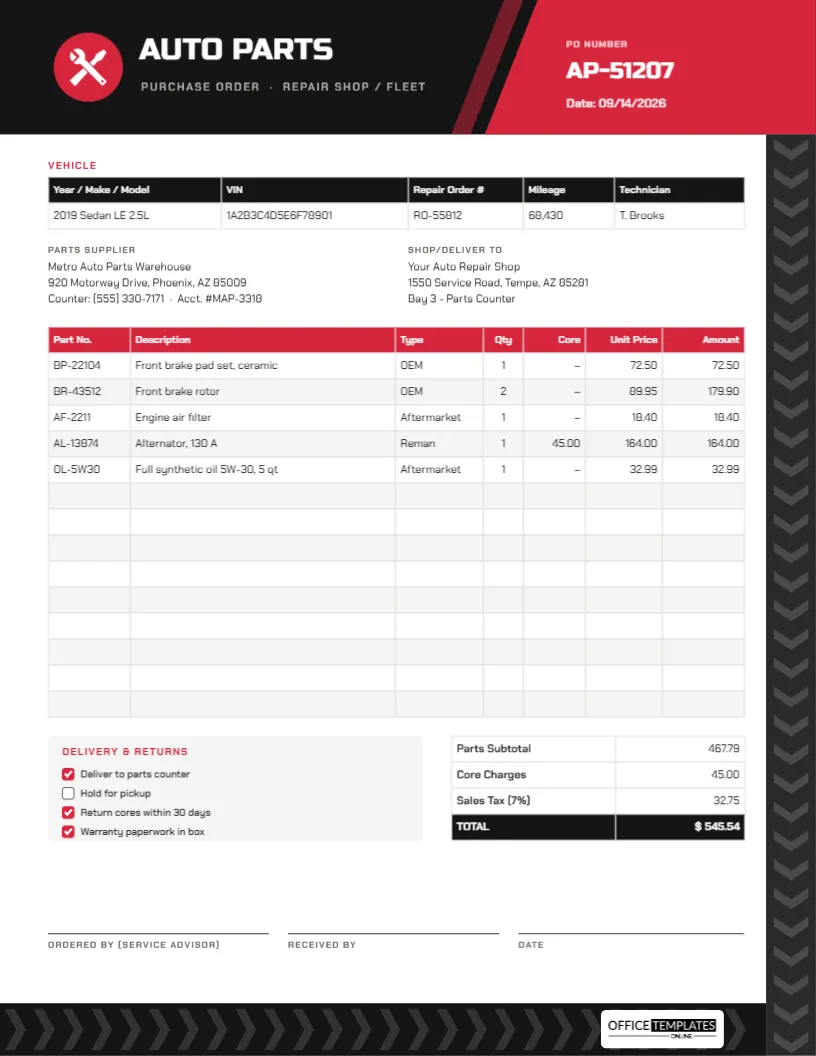 Auto Parts Purchase Order Template