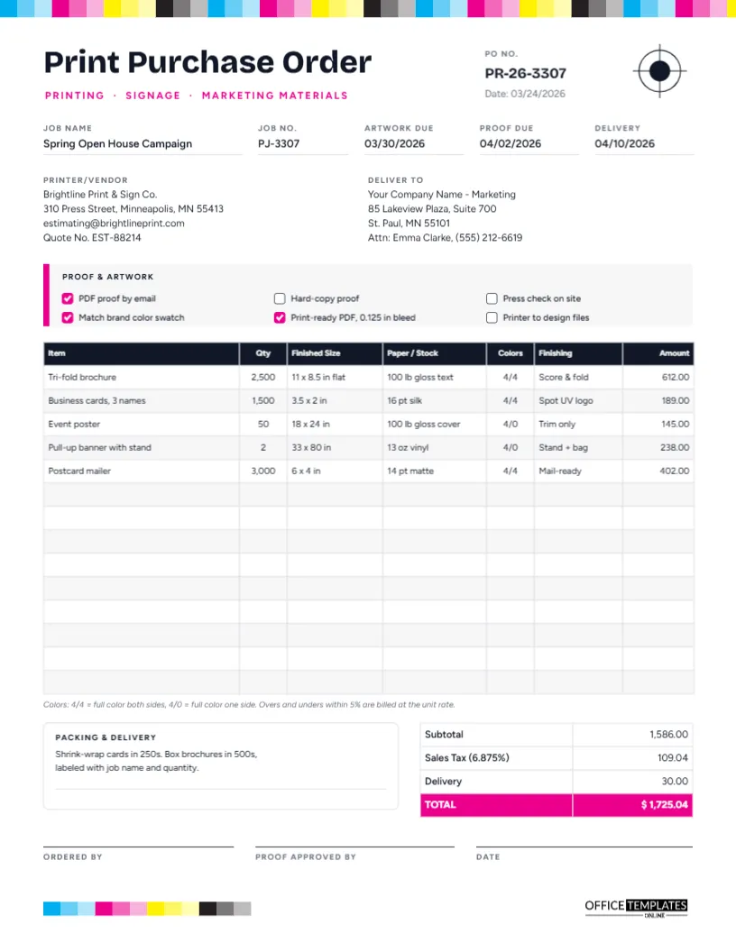 Print Purchase Order Template for Marketing Materials