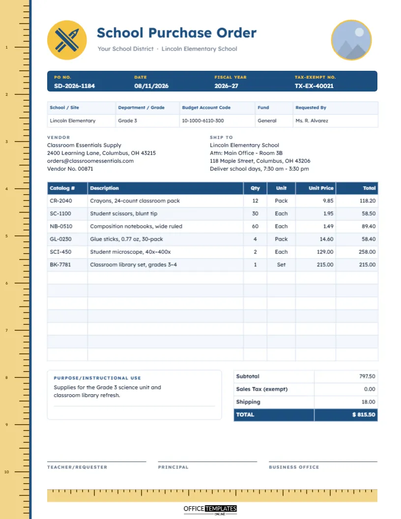 School Purchase Order Template for Classroom Supplies