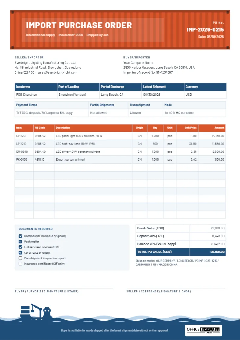 Import Purchase Order Template for International Suppliers