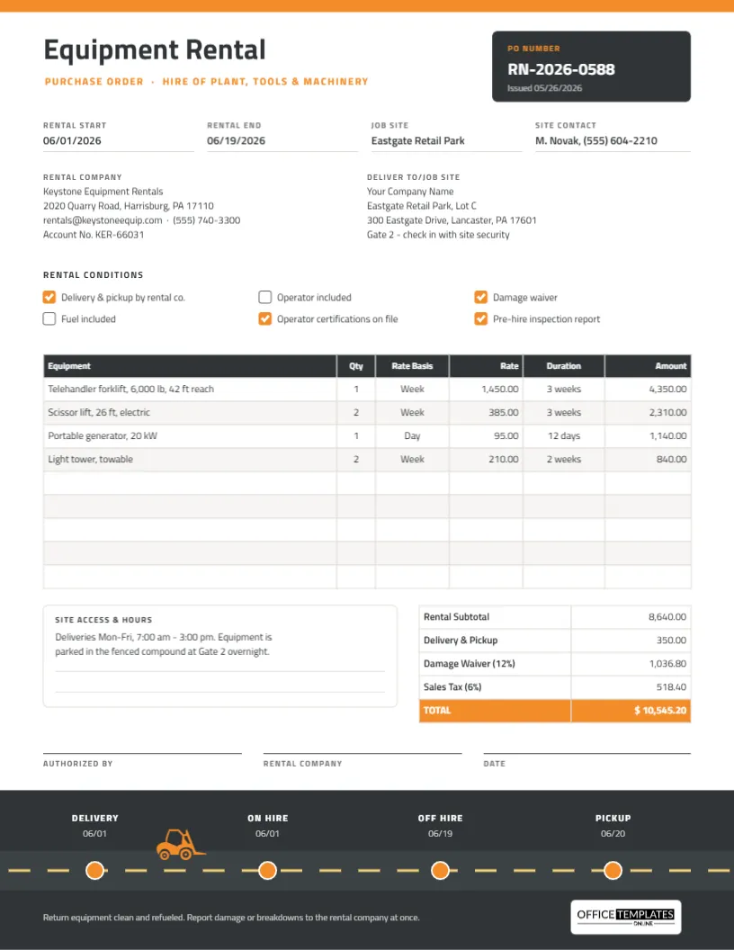 Equipment Rental Purchase Order Template