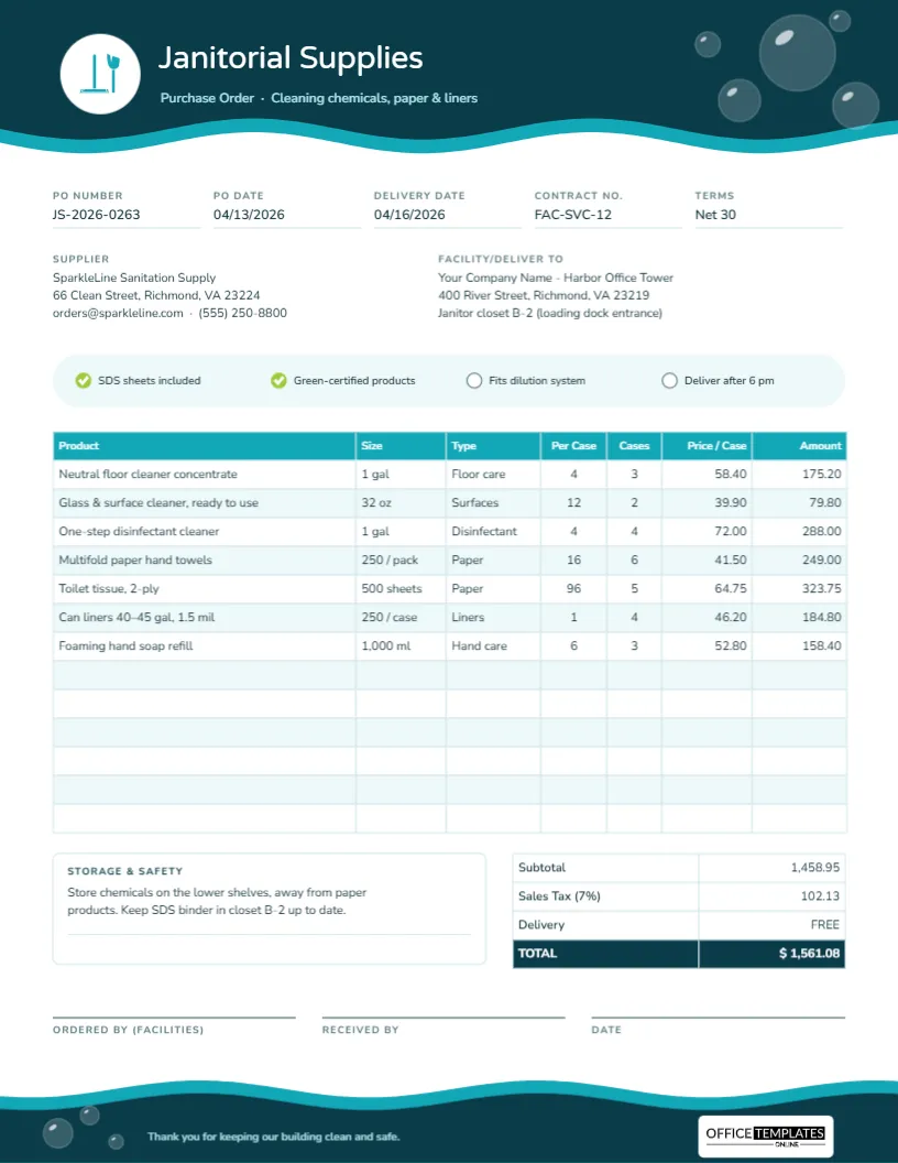 Janitorial Supplies Purchase Order Template