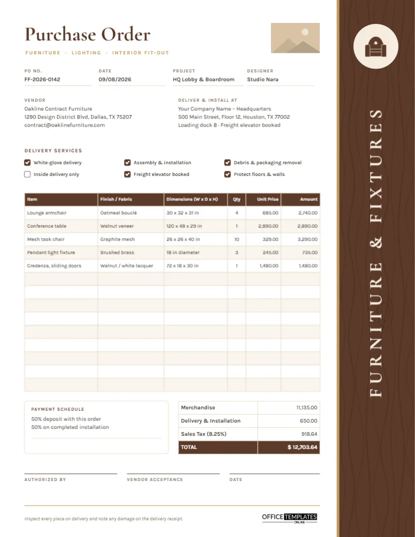Furniture & Fixtures Purchase Order Template