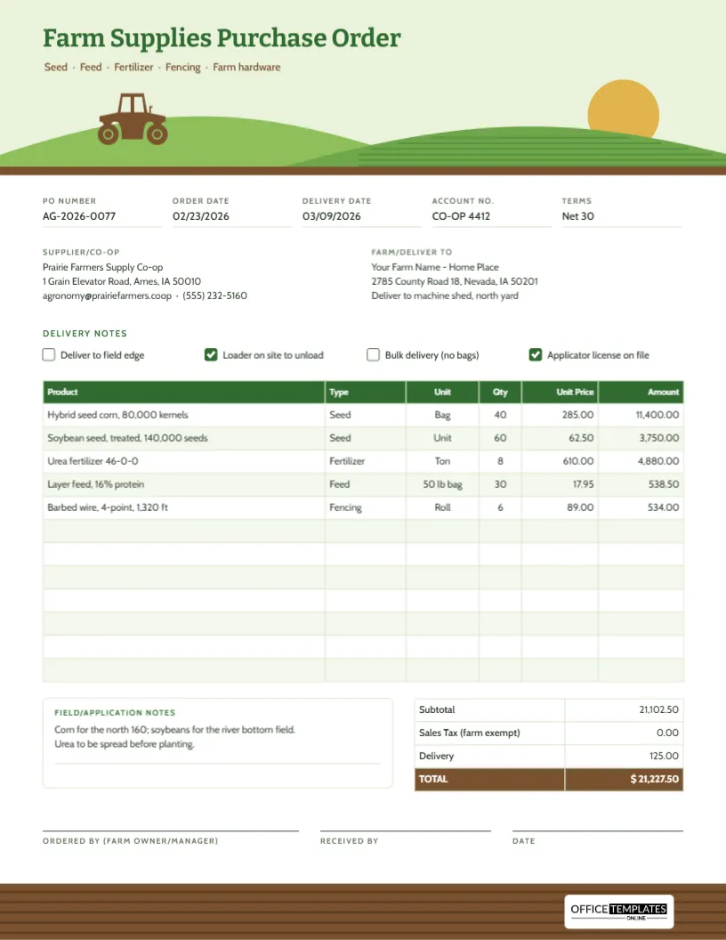 Farm & Agricultural Supplies Purchase Order Template