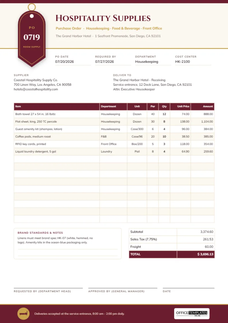 Hospitality Supplies Purchase Order Template