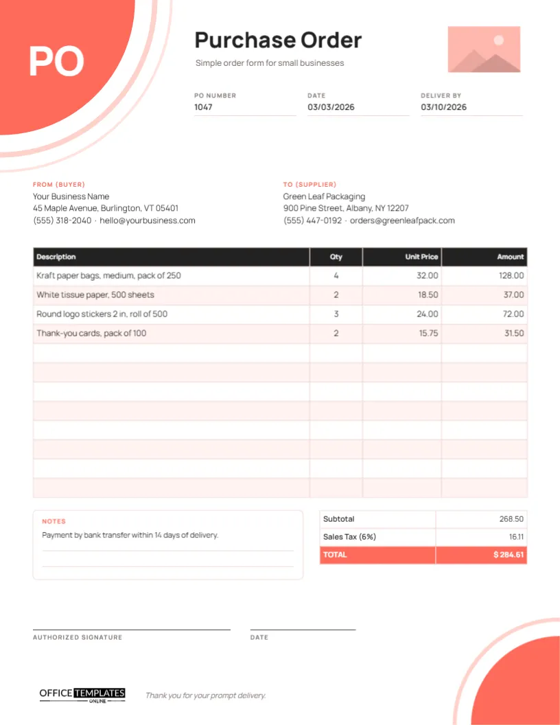 Simple Purchase Order Template for Small Businesses