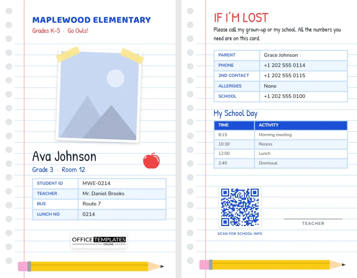 Elementary School Student ID Card Template